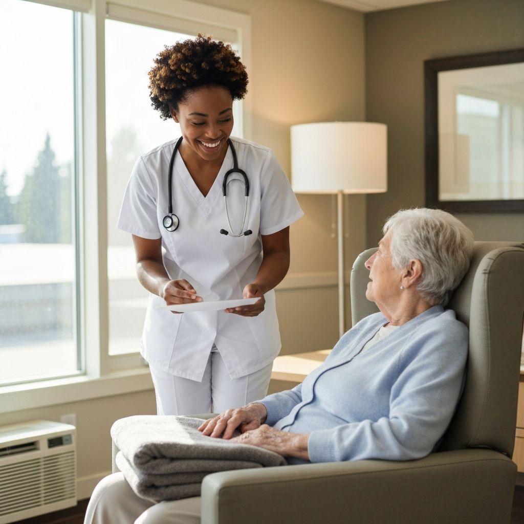 Nurse explaining care to resident in nursing home