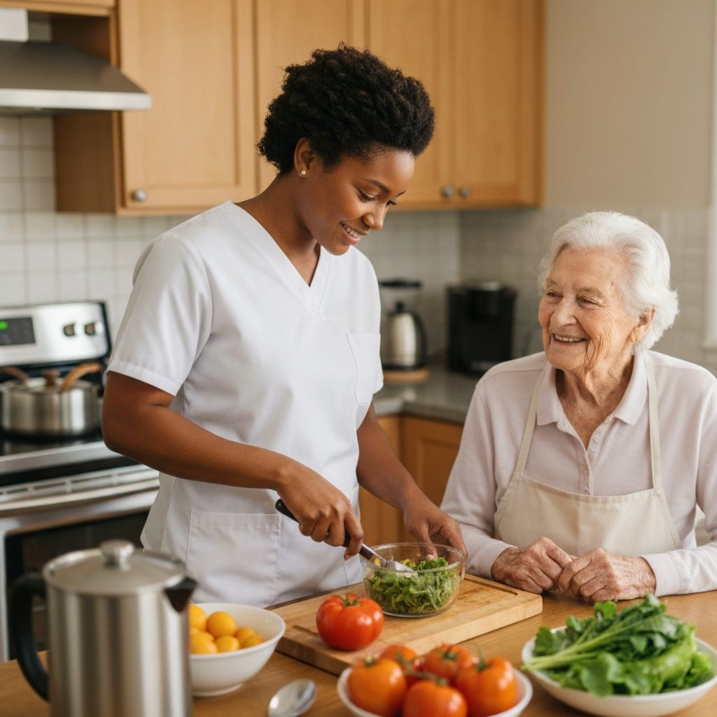 Caregiver preparing meal with senior at home